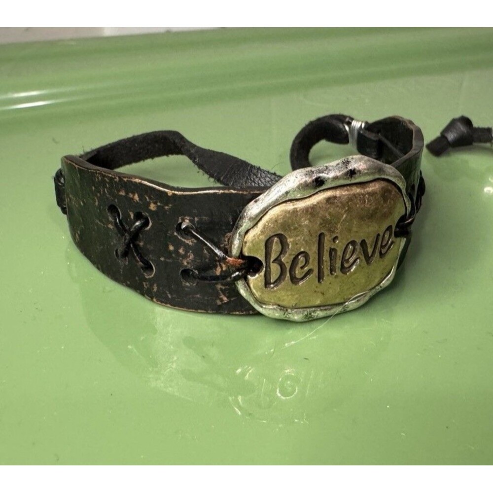 James Lawrence  Believe Inspirational Adjustable Leather Cuff Charm Bracelet